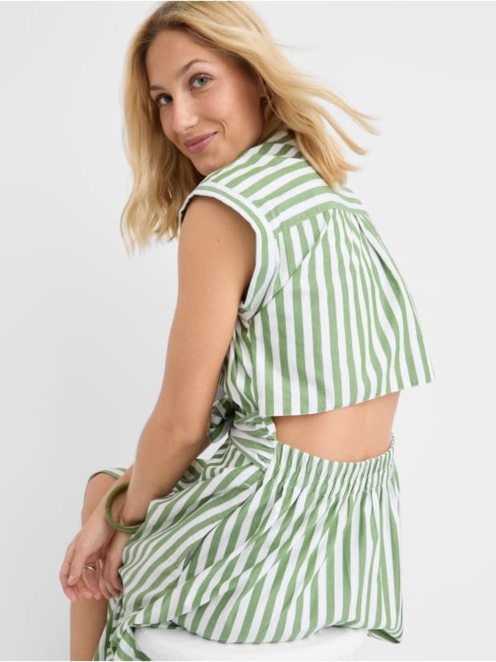 Petite Striped Poplin Cutout Back Midi Pocket Dres